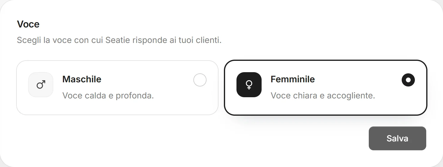 Impostazioni di Seatie: scelta tra voce maschile e femminile
